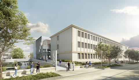 Vue d'architecte du learning center de l'Université Clermont Auvergne (UCA) : accès passerelle depuis la rue Kessler. Image par EMaa architectes / M. Blanc / C. Foulquier