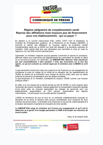 Régime obligatoire de complémentaire santé - Reprise des affiliations mais toujours pas de financement  pour nos établissements : qui va payer ?