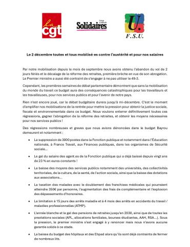 Le 2 décembre toutes et tous mobilisé·es contre l’austérité et pour nos salaires