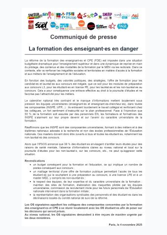 La formation des enseignant·es en danger - Communiqué intersyndical du 4 novembre 2025