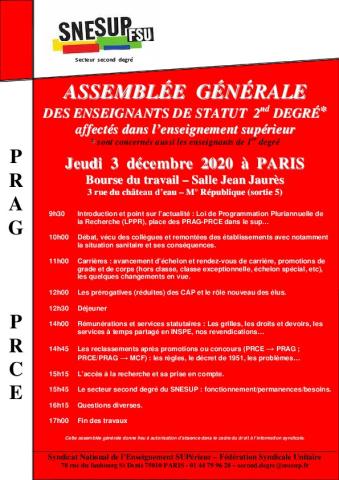 Assemblée Générale Décembre 2020 des enseignants de statuts second degré affectés dans l'enseignement supérieur 