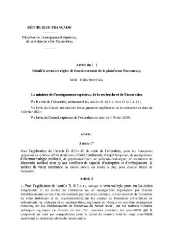 Projet de décret et d'arrêté Parcoursup présentés en CNESER et au CSE du mardi 4 février 2020