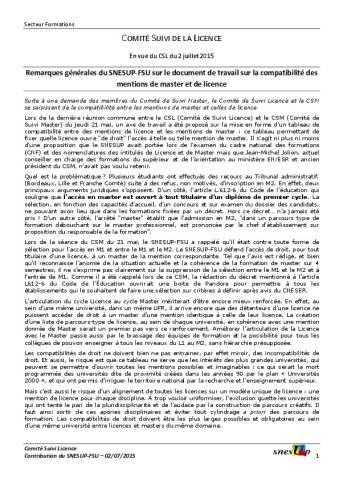 Remarques générales du SNESUP-FSU sur le document de travail sur la compatibilité des mentions de master et de licence