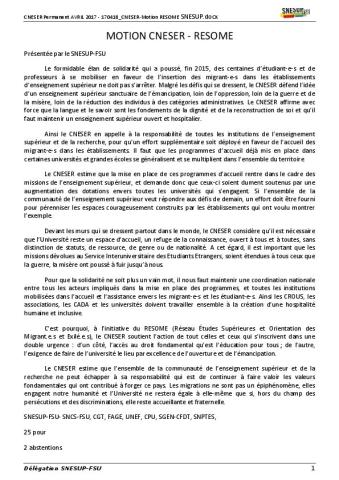 CNESER : Motion de soutien aux migrants 