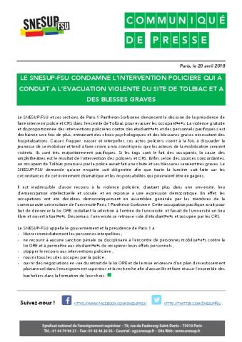 TOLBIAC : Le SNESUP-FSU condamne l'intervention policière et demande l'ouverture d'une enquête