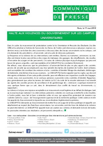 Communiqué de presse du 11 mai 2018 : HALTE AUX VIOLENCES DU GOUVERNEMENT SUR LES CAMPUS UNIVERSITAIRES