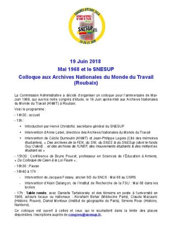 Colloque  « Le SNESUP en Mai 68 »