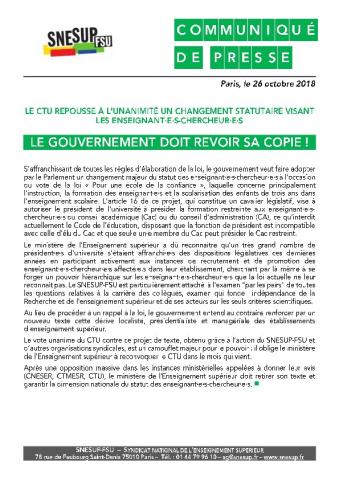 LE CTU REPOUSSE À L'UNANIMITÉ UN CHANGEMENT STATUTAIRE VISANT LES ENSEIGNANT.E.S-CHERCHEURS.EUSES : LE GOUVERNEMENT DOIT REVOIR SA COPIE !