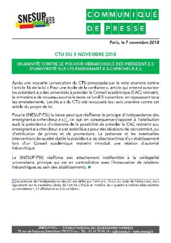 CTU DU 5 NOVEMBRE 2018 : UNANIMITÉ CONTRE LE POUVOIR HIÉRARCHIQUE DES PRÉSIDENT.E.S D’UNIVERSITÉ SUR LES ENSEIGNANT.E.S-CHERCHEURS.EUSES