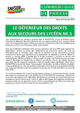 LE DÉFENSEUR DES DROITS AUX SECOURS DES LYCÉEN.NE.S - Communiqué de presse, 21 janvier 2019