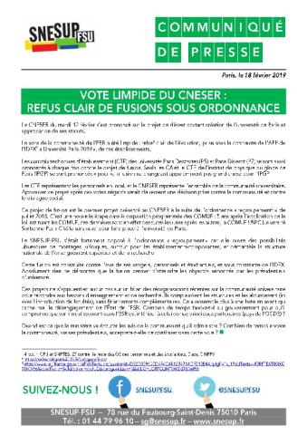 Vote limpide du CNESER : Refus clair de fusions sous ordonnance - Communiqué de presse, 18 février 2019