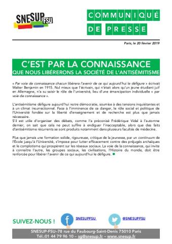 C’EST PAR LA CONNAISSANCE QUE NOUS LIBÉRERONS LA SOCIÉTÉ DE L’ANTISÉMITISME - Communiqué de presse, 20 février 2019