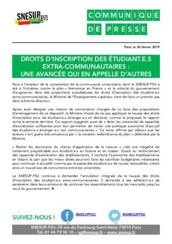 DROITS D’INSCRIPTION DES ÉTUDIANT.E.S  EXTRA-COMMUNAUTAIRES :  UNE AVANCEE QUI EN APPELLE D’AUTRES - Communiqué de presse, 26 février 2019