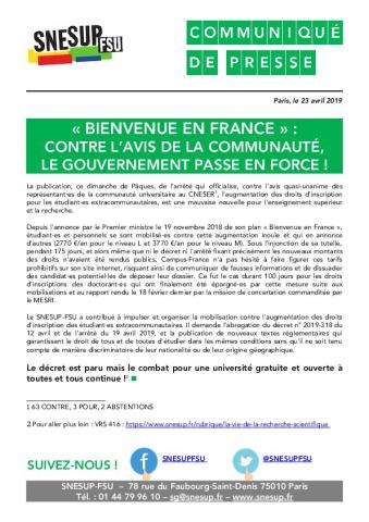 « BIENVENUE EN FRANCE » :  CONTRE L’AVIS DE LA COMMUNAUTÉ,  LE GOUVERNEMENT PASSE EN FORCE ! - CP du 23 avril 2019