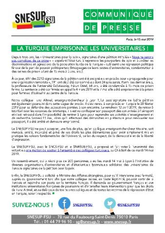 LA TURQUIE EMPRISONNE LES UNIVERSITAIRES ! - CP du 15 mai 2019