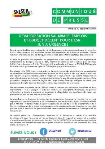 REVALORISATION SALARIALE, EMPLOIS ET BUDGET DÉCENT POUR L'ESR : IL Y A URGENCE ! - CP du 10 septembre 2019