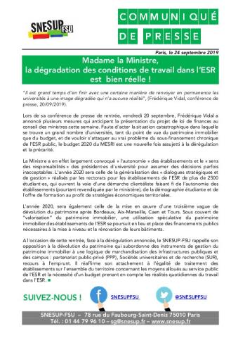 Madame la ministre, la dégradation des conditions de travail dans l'ESR est bien réelle ! - Communiqué de presse du 24 septembre 2019