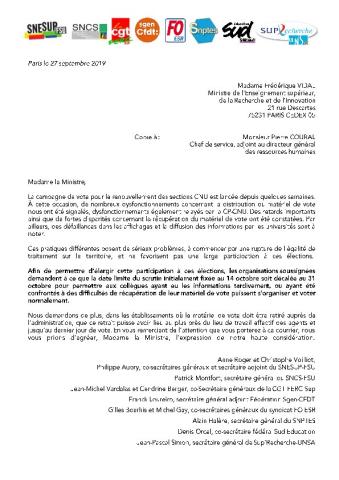 Courrier intersyndical au MESRI demandant l'allongement de la période de vote pour les élections au CNU - 27 septembre 2019