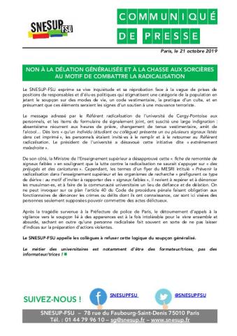 NON À LA DÉLATION GÉNÉRALISÉE ET À LA CHASSE AUX SORCIÈRES AU MOTIF DE COMBATTRE LA RADICALISATION