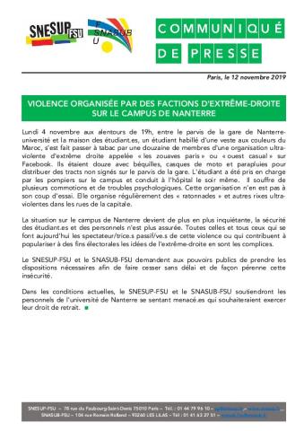 VIOLENCE ORGANISÉE PAR DES FACTIONS D'EXTRÊME-DROITE SUR LE CAMPUS DE NANTERRE - CP du 12 novembre 2019