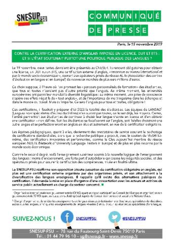 CONTRE LA CERTIFICATION EXTERNE D’ANGLAIS IMPOSÉE EN LICENCE, DUT ET BTS - CP du 15 novembre 2019
