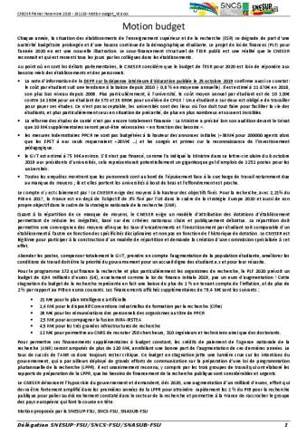 CNESER 19 et 20/11/2019 - Motion BUDGET présentée par le SNESUP-FSU, le SNCS-FSU et le SNASUB-FSU
