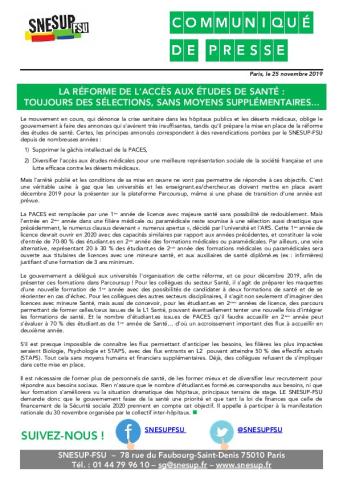 LA RÉFORME DE L’ACCÈS AUX ÉTUDES DE SANTÉ :  TOUJOURS DES SÉLECTIONS, SANS MOYENS SUPPLÉMENTAIRES... - CP du 25 novembre 2019