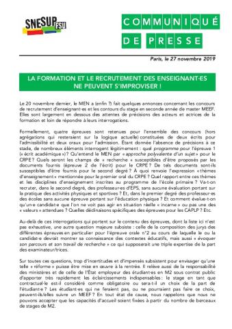 LA FORMATION ET LE RECRUTEMENT DES ENSEIGNANT·ES  NE PEUVENT S’IMPROVISER ! - CP du 27 novembre 2019  