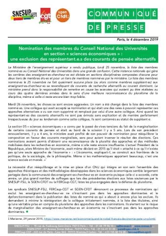 Nomination des membres du Conseil National des Universités en section « sciences économiques » : une exclusion des représentant.e.s des courants de pensée alternatifs - CP du 4 décembre 2019