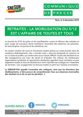 RETRAITES : la mobilisation du 5 décembre est l'affaire de toutes et tous - CP du 5 décembre 2019