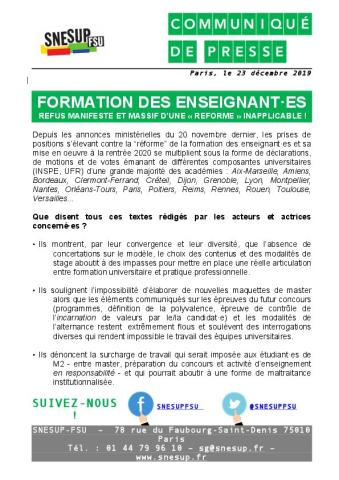 Formation des enseignant·es : refus manifeste et massif d'une réforme inapplicable! Communiqué du 23 décembre 2019