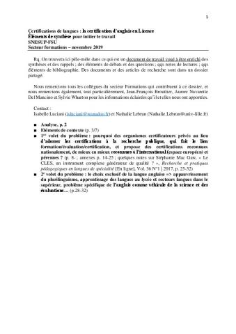 Synthèse groupe de travail SNESUP-FSU sur la certification en langues (lic, But et BTS)