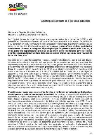 Lettre aux député-es et aux sénateurs/trices sur la loi de programmation pluriannuelle de la recherche