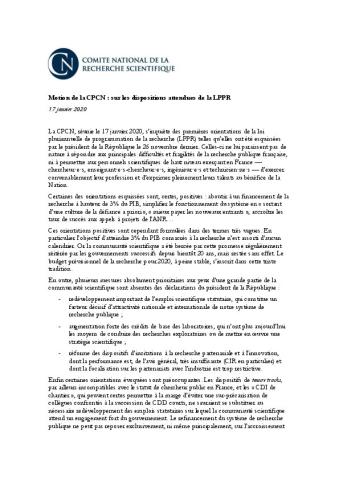 CNRS : Motion de la Conférence des Présidents du Comité National sur les dispositions attendues de la LPPR, 17 janvier 2020