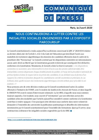 Nous continuerons à lutter contre les inégalités sociales engendrées par le dispositif Parcoursup - CP du 3 avril 2020