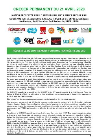 RÉUSSIR LE DÉCONFINEMENT POUR UNE RENTRÉE HEUREUSE - Motion présentée au CNESER permanent du 21 avril 2020