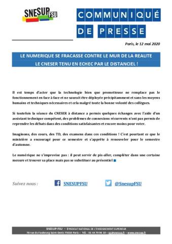 CNESER - Le numérique se fracasse contre le mur de la réalité : le CNESER tenu en échec par le distanciel ! - Communiqué du 12 mai 2020