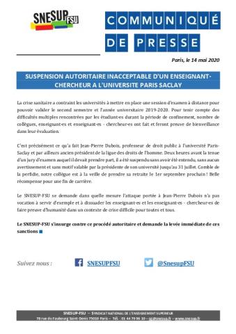 Suspension autoritaire inacceptable d'un enseignant-chercheur  à l'université Paris-Saclay - Communiqué de presse du 14 mai 2020