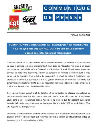 Formation des enseignant·es : Blanquer à la manoeuvre ! Communiqué intersyndical du 15 mai 2020