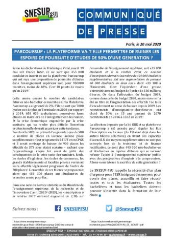PARCOURSUP : La plateforme va-t-elle permettre de ruiner les espoirs de poursuite d'études de 50 % d'une génération ? - Communiqué du 20 mai 2020