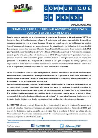 	EXAMENS A PARIS 1 : Le Tribunal administratif de Paris conforte la décision de la CFVU - communiqué du 22 mai 2020