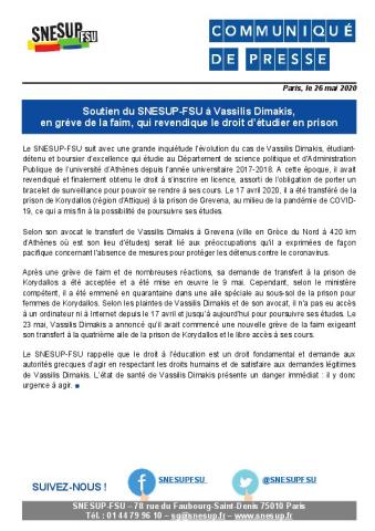 Soutien du SNESUP-FSU à Vassili Dimakis,  en grève de la faim, qui revendique le droit d'étudier en prison - communiqué du 26 mai 2020