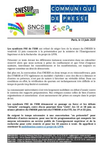 LPPR/CNESER - Communiqué  des organisations syndicales de la FSU pour l'ESR du 13 juin 2020