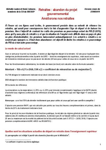 Retraites : abandon du projet gouvernemental  – Améliorons nos retraites, version revue et enrichie du 27/09/2019