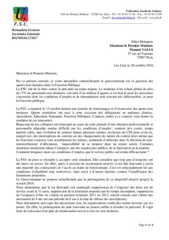 Courrier de la FSU au premier ministre sur la situation des agents non-titulaires (20/10/2016)
