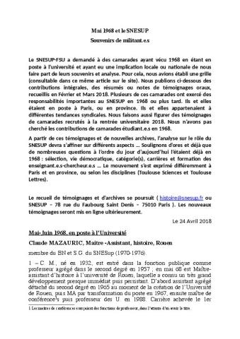 Mai 1968 et le SNESUP, souvenirs de militant.e.s