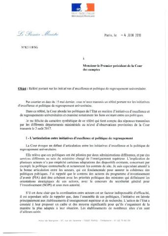 Réponse du premier ministre au référé de la Cour des comptes sur les initiatives d'excellence et la politique de regroupement universitaire (4 juin 2018)