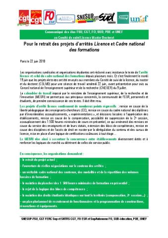 Pour le retrait des projets d’arrêtés Licence et Cadre national des formations - Communiqué des élus FSU, CGT, FO, SUD, Parole Étudiante et UNEF au Comité de suivi LMD