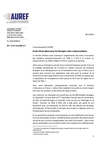 Communiqué de l'AUREF sur les droits d'inscription des étrangers extra-communautaire, 30 novembre 2018