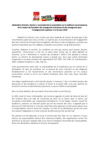 Le SNESUP_FSU, la CGT-FERCsup et SUD-éducation quittent la réunion de lancement de la concertation sur la reconnaissance des missions d'enseignement du 29/03/2018